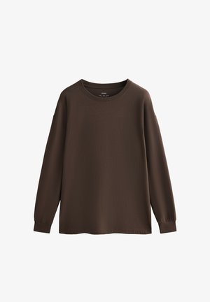 Bruine top met lange mouwen gemaakt van zacht materiaal, met een ronde halslijn en een losse pasvorm. De mouwen hebben subtiele geplooide accenten bij de manchetten.