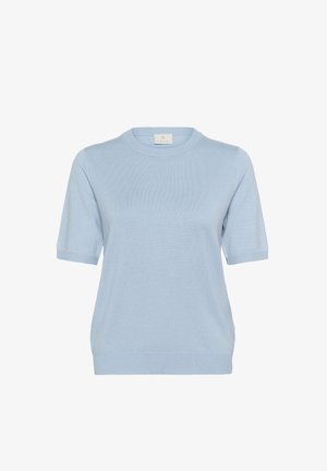Pull en maille bleu clair à manches courtes avec col rond, fabriqué dans un matériau doux et à coupe décontractée. Caractérisé par un ourlet et des poignets côtelés.