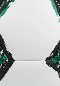 Pallone da calcio bianco con dettagli neri e verdi. Superficie testurizzata con pannelli esagonali e dettagli di cuciture visibili.