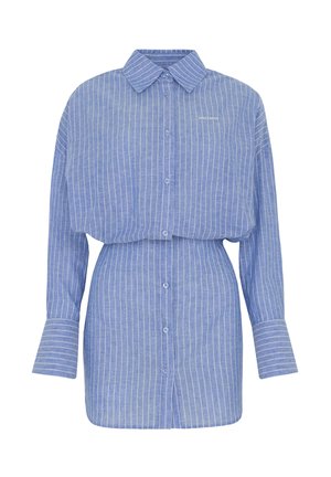 Blue long-sleeve shirt dress with white vertical stripes, button-down front, wide cuffs, and a small "WRSTBHVR" logo on the chest.