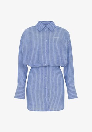 Blue long-sleeve shirt dress with white vertical stripes, button-down front, wide cuffs, and a small "WRSTBHVR" logo on the chest.