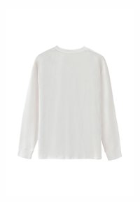 Maglietta bianca a maniche lunghe, in cotone, collo a giro, orlo dritto, texture morbida, senza pattern o dettagli visibili. Vista posteriore semplice.