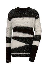 Strickpullover mit horizontalen schwarz-weißen und grauen Streifen, einer strukturierten Oberfläche und Rundhalsausschnitt. Lange Ärmel sind enthalten.