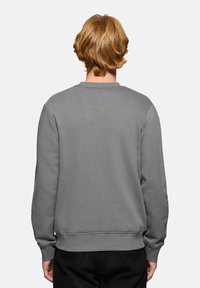 Grå sweatshirt med en enkel design, rund halsringning och ribbade muddar. Tillverkad av ett mjukt tyg, synlig söm vid fållen.