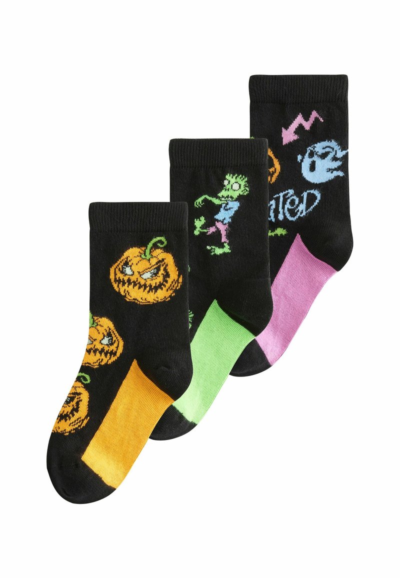 Sorte sokker med Halloween-designs: orange græskar, en grøn zombie og et spøgelse, med livlige farver i grøn, pink og orange.
