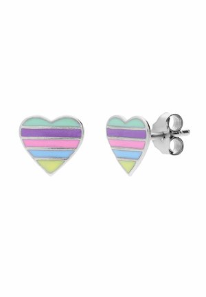 Heart-shaped stud earrings with horizontal pastel stripes in green, purple, pink, blue, and yellow, and silver metal backing.