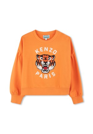 Orange sweatshirt made of cotton featuring a tiger graphic with "KENZO PARIS" text underneath. It has ribbed cuffs and hem.