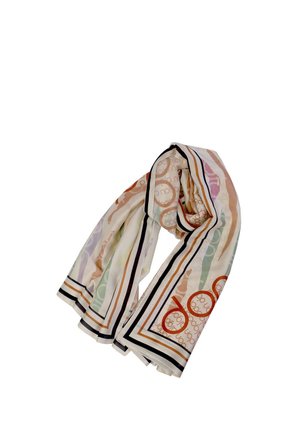 Pañuelo rectangular de seda con patrones abstractos multicolores y borde rayado en negro, naranja y beige sobre fondo blanco.