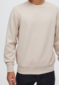 Beige crewneck sweatshirt made of soft fabric with long sleeves and ribbed cuffs, featuring a simple, minimalistic design.