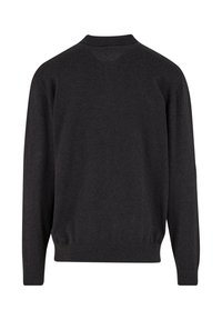 Dunkelgrauer Langarmpullover mit gerippten Bündchen und Saum, von hinten auf einem weißen Hintergrund gezeigt.