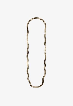 Czarny i złoty skręcony naszyjnik o falistym wzorze, z naprzemiennymi sekcjami w solidnej czerni i złotych akcentach w kratkę.