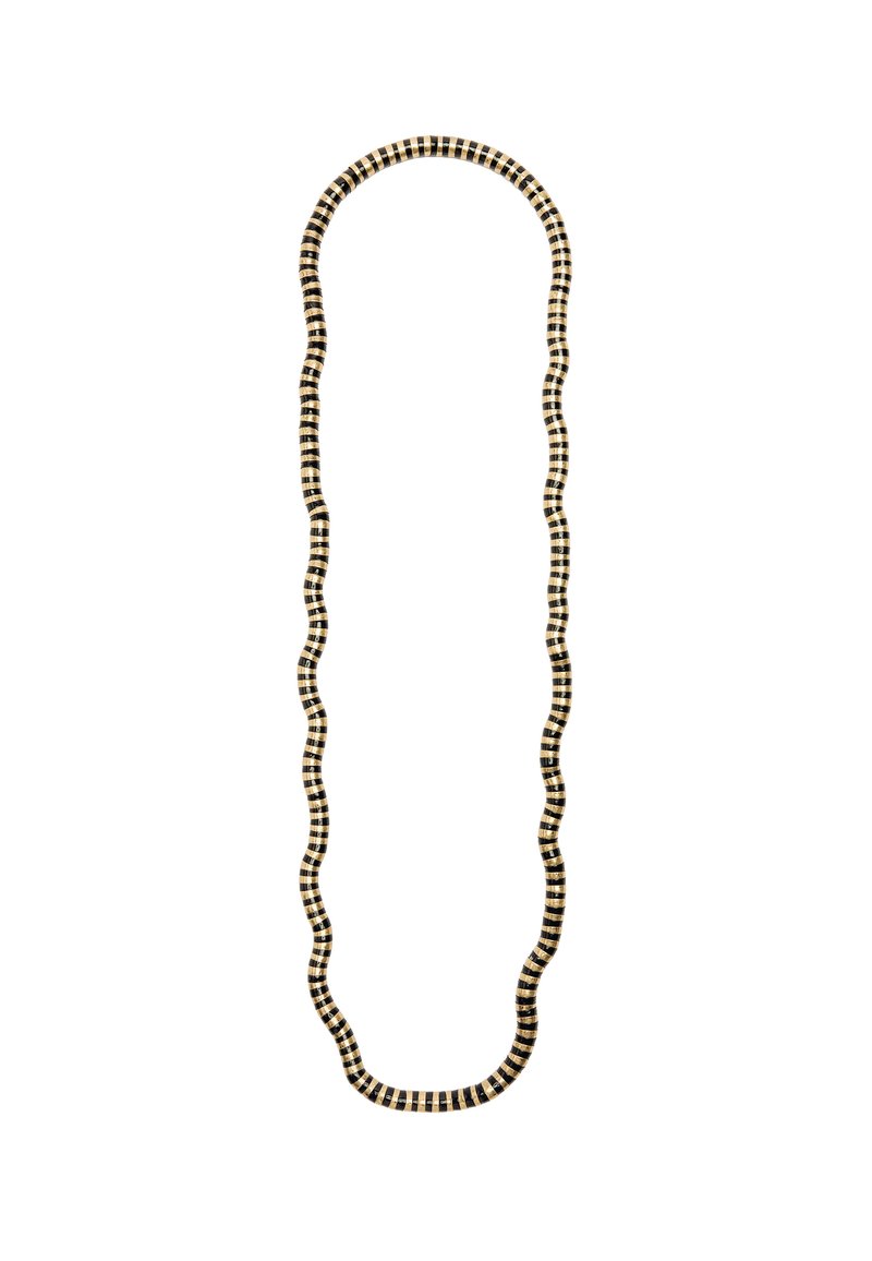 Czarny i złoty skręcony naszyjnik o falistym wzorze, z naprzemiennymi sekcjami w solidnej czerni i złotych akcentach w kratkę.