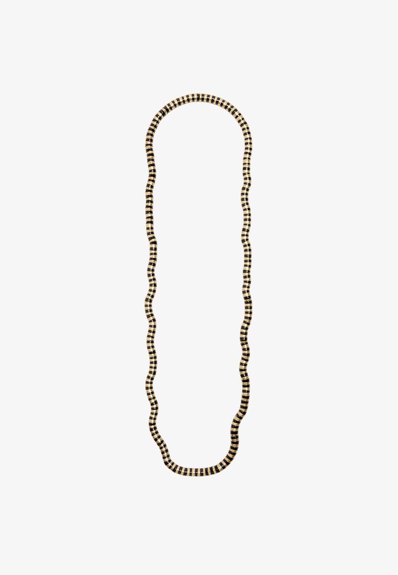 Czarny i złoty skręcony naszyjnik o falistym wzorze, z naprzemiennymi sekcjami w solidnej czerni i złotych akcentach w kratkę.