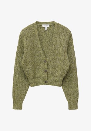 Groen geribd gebreid vest met lange mouwen, V-hals en drie bruine knopen aan de voorkant.