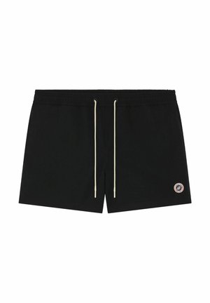 Shorts de bain noirs avec taille élastique, cordons blancs et un petit logo circulaire sur la jambe inférieure droite.