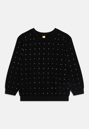 Schwarzes Sweatshirt aus weichem Stoff, versehen mit silbernen Nietenverzierungen in einem gepunkteten Muster. Rundhalsausschnitt und gerippte Bündchen.
