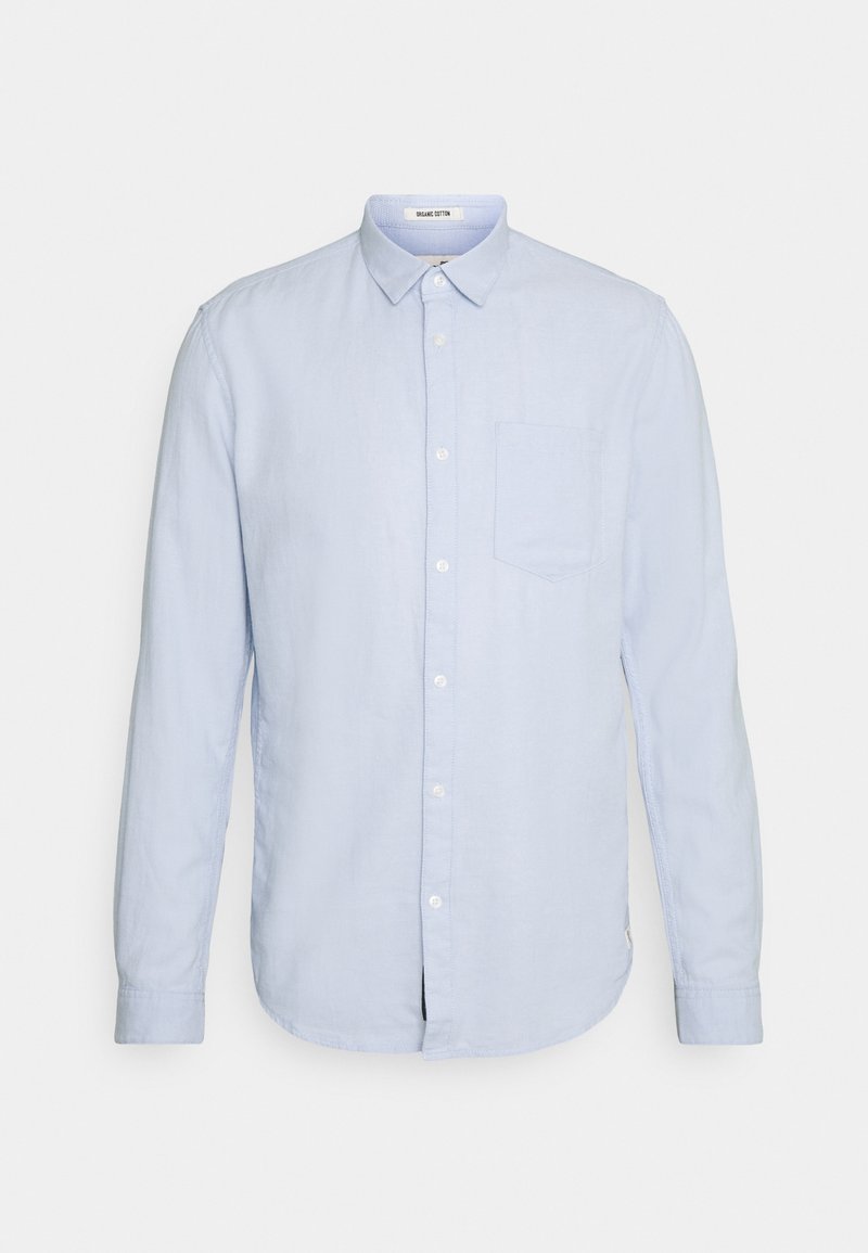 Helles blaues Longsleeve-Hemd aus Leinen. Verfügt über einen Button-Down-Kragen, eine Brusttasche und eine subtile Textur. Klassische Passform mit abgerundetem Saum.