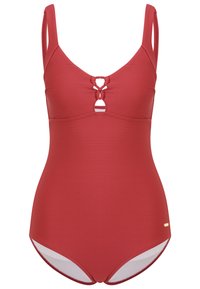 Maillot de bain une pièce rouge avec une texture côtelée, des bretelles larges et un accent en forme de trou de serrure à l'avant. Présente une sous-couche blanche au niveau de l'ourlet.