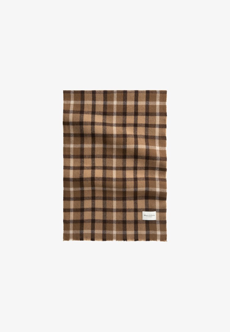Brown and tan plaid scarf featuring soft texture, fringed edges, and a white logo label at the bottom. Rectangular shape.
