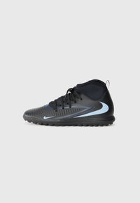 Black synthetic soccer shoes with a high ankle design, textured upper, and light blue accents on the side. Traction rubber sole.