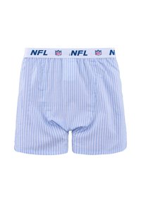 Hellblaue Herrenboxershorts mit dünnen weißen vertikalen Streifen und einem weißen elastischen Bund mit NFL-Logos und Schriftzug.
