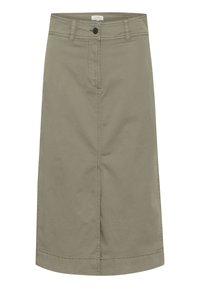 Jupe couleur kaki mi-longue en mélange de coton, dotée d'une fermeture à boutons sur le devant, de passants de ceinture et d'une coupe droite avec des détails de couture subtils.