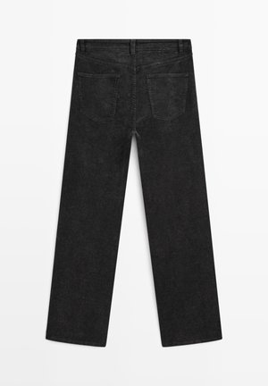 Zwarte corduroy rechte-pijpen broek met een gestructureerd oppervlak. Beschikt over twee achterzakken, een tailleband en een nette afwerking van de zoom.