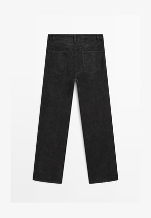 Pantaloni neri in corduroy a gamba dritta con superficie testurizzata. Presentano due tasche posteriori, una vita e un orlo finito in modo pulito.