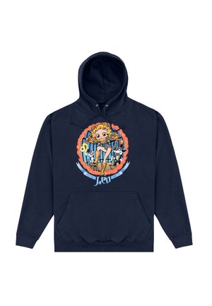 Granatowy hoodie z graficznym wzorem przedstawiającym postać z kręconymi włosami, zwierzęta i okrągłą ramkę w jasnych kolorach. Z przodu kieszeń w kształcie kangura.