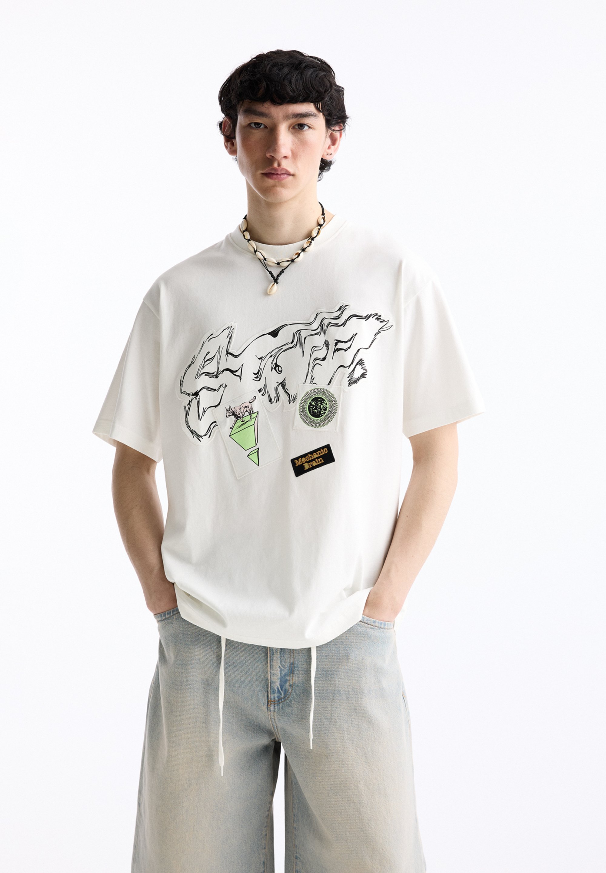 T-shirt Basique Pull&Bear Femme - Bleu Rayé, Coton, Taille S, Col Ras Du Cou