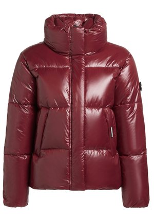 Lesklá vínově červená péřová bunda s vysokým polstrovaným límcem, předními kapsami, dlouhými rukávy a skrytým zapínáním na zip.