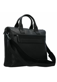 Zwarte leren aktetas met dubbele bovenhandvatten, lange verstelbare schouderriem, voorvak met ritssluiting, gladde textuur en minimalistisch ontwerp.