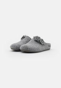 Gray felt slippers with two fabric rose embellishments on the upper. Durable gray sole provides comfort and stability.