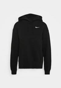 Sudadera con capucha negra hecha de una mezcla de algodón, con un bolsillo tipo canguro en la parte frontal, puños acanalados y un logo de Nike blanco en el pecho.