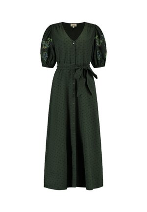 Grünes Maxikleid mit V-Ausschnitt, kurzen Puffärmeln mit mehrfarbiger Stickerei, Knopfleiste vorne und einem Stoffbindegürtel in der Taille.