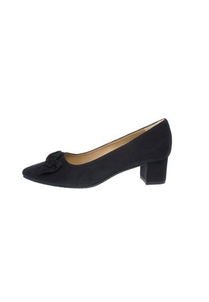 Black suede pump with a pointed toe and a bow accent on the vamp. Features a low block heel and a smooth interior lining.