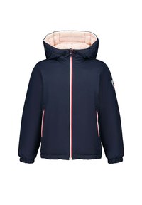 Giacca imbottita blu navy con cappuccio, cerniera bianca e rossa, polsini elasticizzati e tasche laterali con zip. Fodera rosa visibile all'interno del cappuccio.