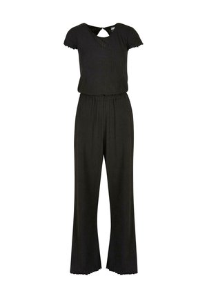 Zwarte korte mouwen jumpsuit met elastische taille, brede pijpen, geschulpte randen aan mouwen en broekzomen, en een keyhole-uitgesneden achterkant van de halslijn.