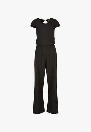 Zwarte korte mouwen jumpsuit met elastische taille, brede pijpen, geschulpte randen aan mouwen en broekzomen, en een keyhole-uitgesneden achterkant van de halslijn.