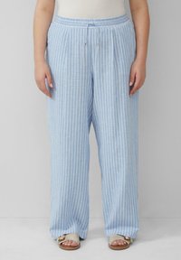 Lichtblauwe gestreepte wijde broek gemaakt van zacht materiaal met een verstelbare tailleband en zijzakken, gecombineerd met beige sandalen.