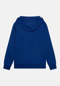 Felpa con cappuccio blu uniformemente mostrata di spalle, con maniche lunghe e polsini e orlo a coste, su sfondo bianco.