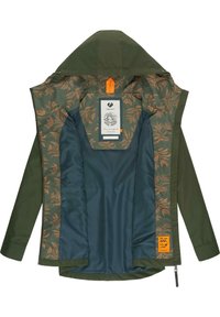 Olive green jacket featuring a patterned interior with leaf designs in copper. Includes a hood, zipper closure, and logo tag.