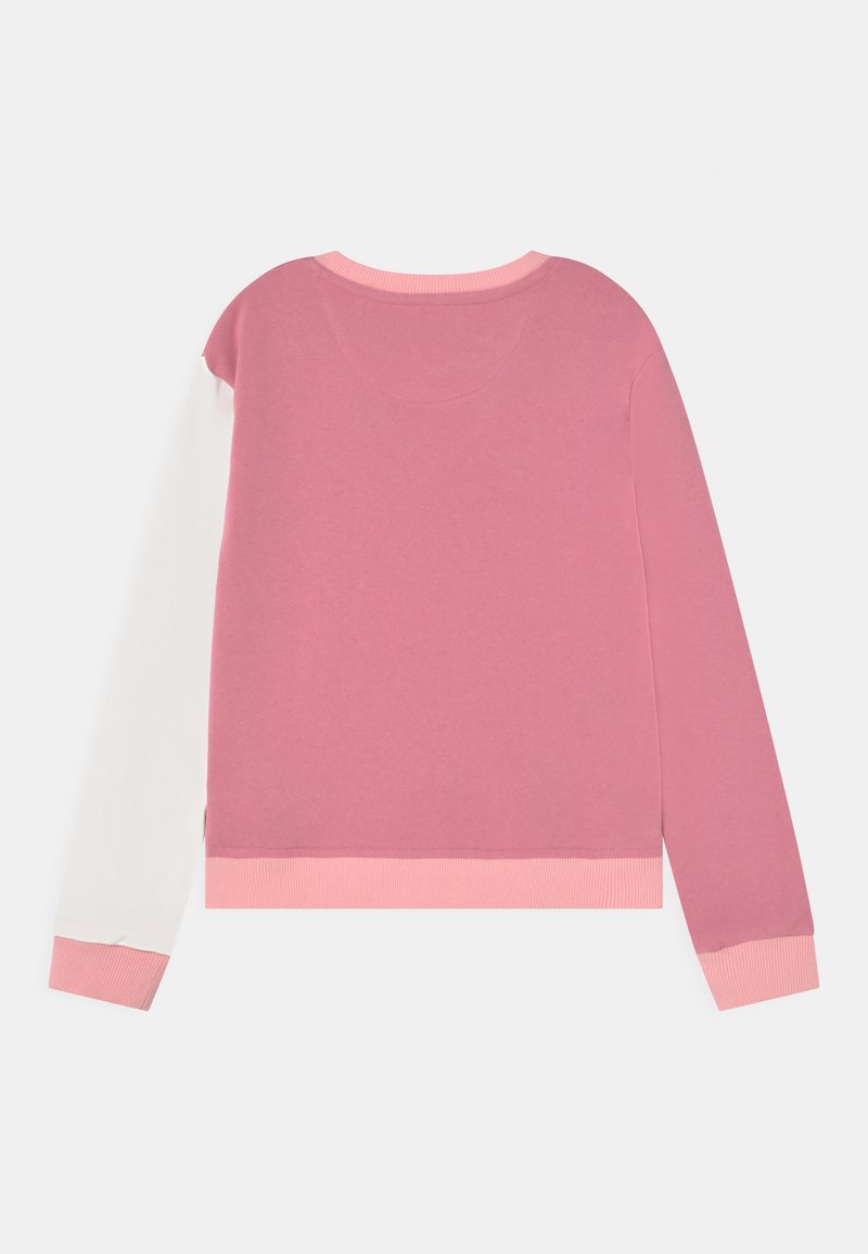 Sweatshirt rose à col rond avec col, poignets et ourlet en rose clair, présentant une manche blanche.