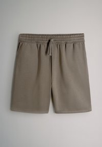 Locker sitzende Shorts aus weichem, neutralem grauem Stoff. Mit elastischem Bund, Kordelzug und abgesteppten Saumdetails.