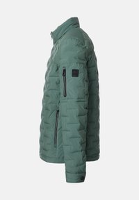 Grüne gesteppte Jacke mit Stehkragen, seitlichen und Ärmel-Reißverschlusstaschen sowie Knopfmanschetten, von der rechten Seite vor weißem Hintergrund gezeigt.