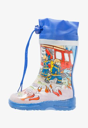 Gummistiefel für Kinder mit blauem Schaft, dicker transparenter Sohle und buntem Feuerwehrmotiv mit roten Flammen und Feuerwehrleuten im Einsatz.