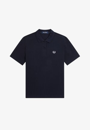 Polo bleu marine à manches courtes avec deux boutons et un petit logo de couronne de laurier blanche sur le côté gauche de la poitrine.