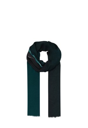 Gehaakte sjaal met een donkergroene kant en een zwarte kant, voorzien van een delicate franjes aan de uiteinden en een dunne contrasterende teal-accent.