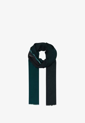 Gehaakte sjaal met een donkergroene kant en een zwarte kant, voorzien van een delicate franjes aan de uiteinden en een dunne contrasterende teal-accent.