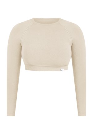Lichtbeige lange mouwen crop top van zachte stof, met een ronde halslijn en raglanmouwen met een aansluitende zoom.